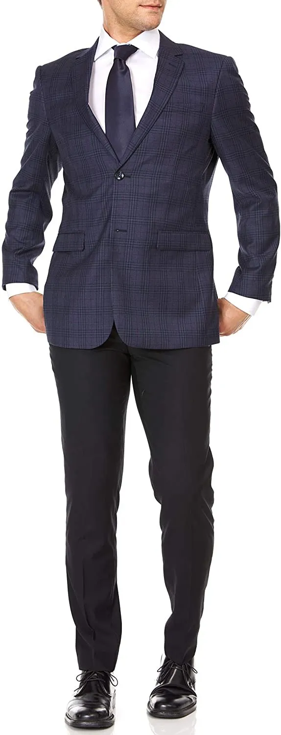 Adam Baker Men's Single Breasted 100% Wool Ultra Slim Fit Blazer/Sport Coat - Navy Tweed