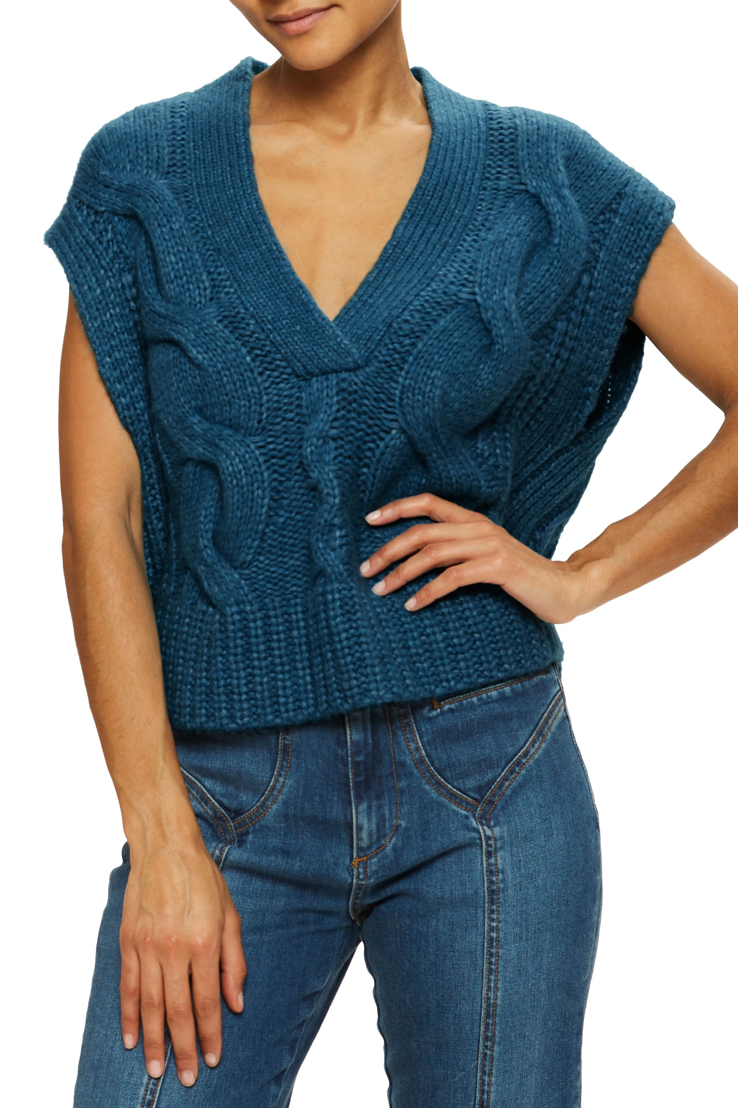 Adelaide V Neck Sleeveless Cable Knit Sweater | Oatmeal