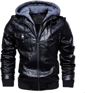 Alloaone Men's Leather Jackets Motorcycle Leather Hooded Coats Business PU Biker Leather Jackets