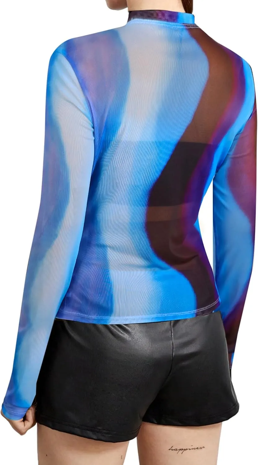 Avanova Women Sexy Sheer Mesh See Through Top Mock Neck Long Sleeve Shirt Clubwear