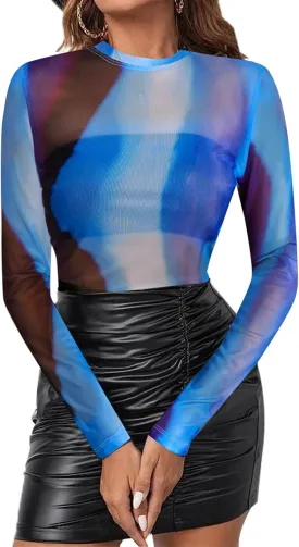 Avanova Women Sexy Sheer Mesh See Through Top Mock Neck Long Sleeve Shirt Clubwear