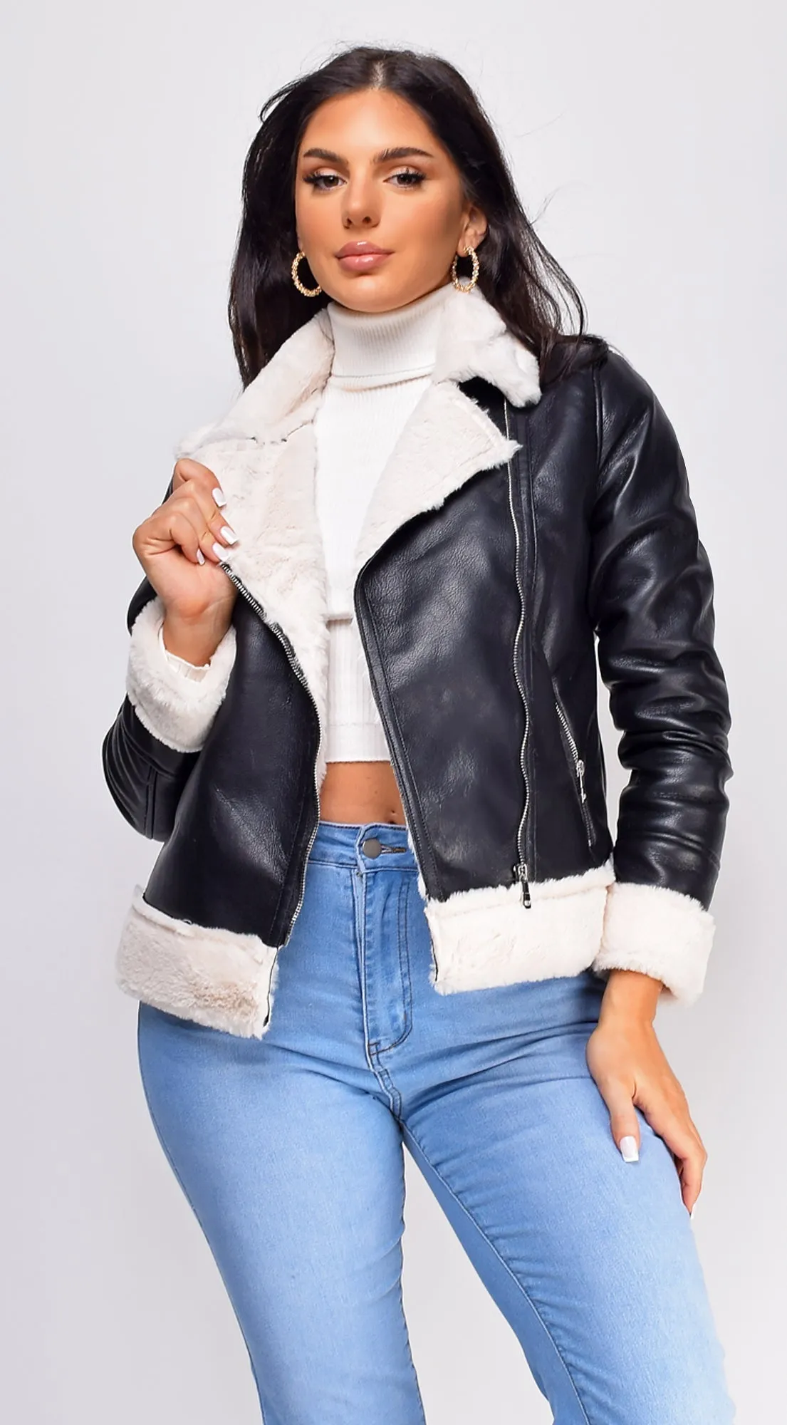 Azure Black Cream Faux Leather Winter Biker Coat