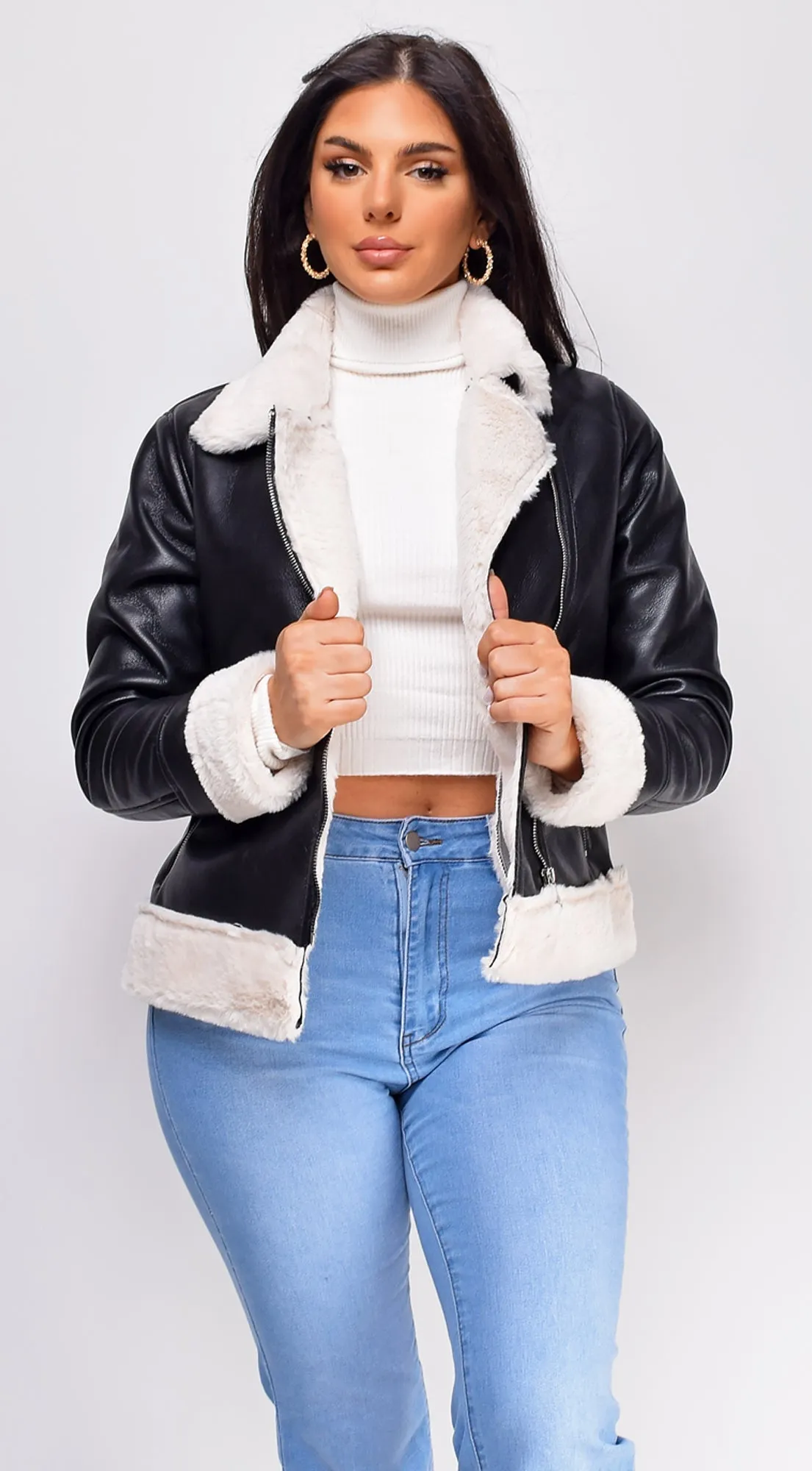Azure Black Cream Faux Leather Winter Biker Coat