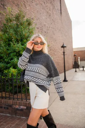 Back And Forth Charcoal Printed Mock Neck Sweater SALE