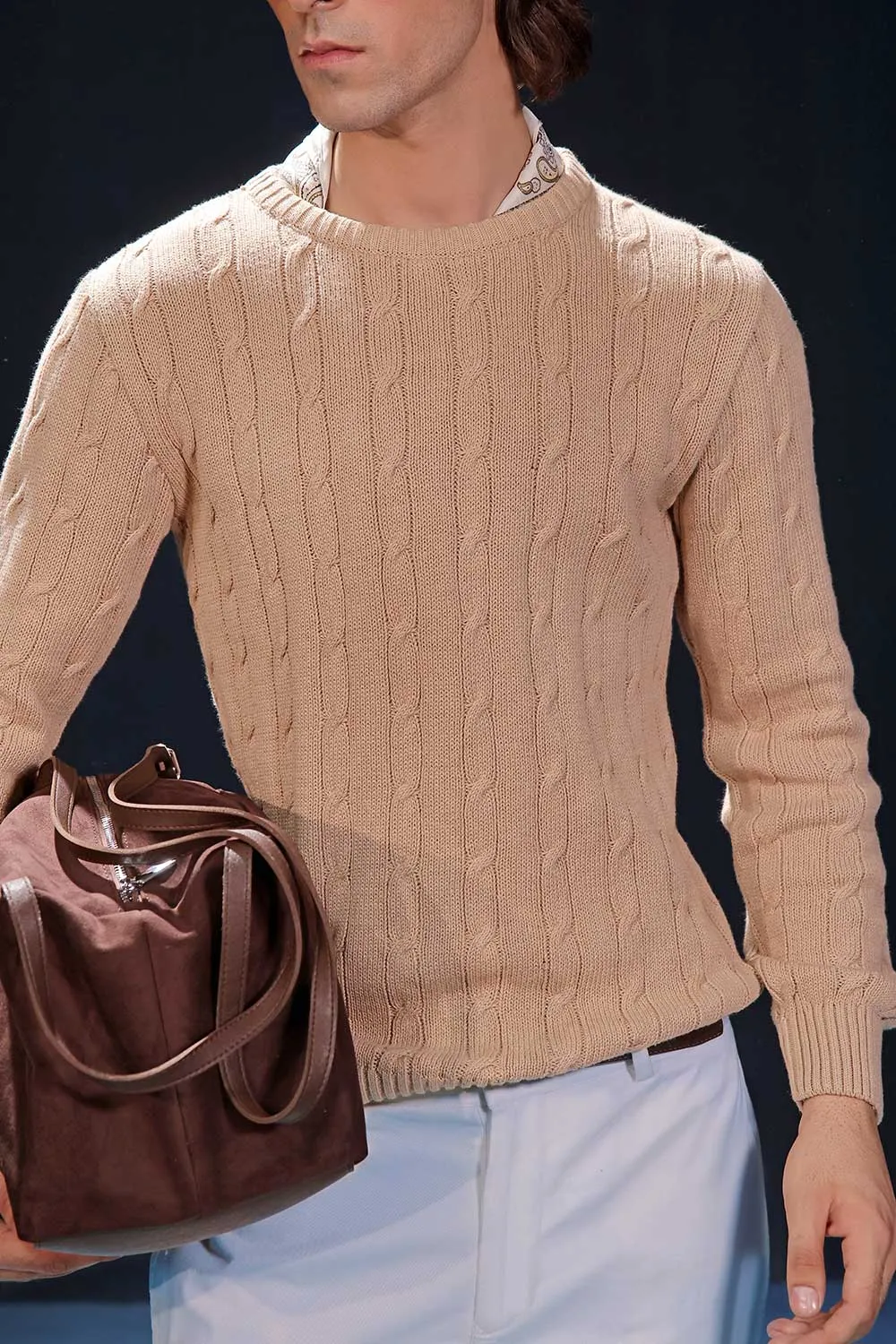 Beige Crew Neck Cable Knit Sweater