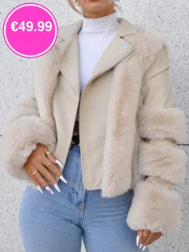 Beige Faux Leather Biker Fur Sleeve Jacket