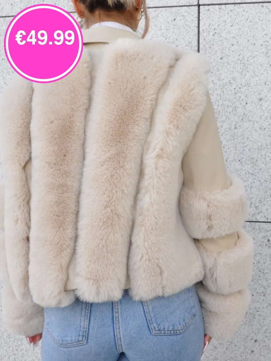 Beige Faux Leather Biker Fur Sleeve Jacket