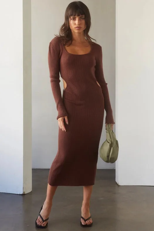 Bernie Side Cut-Out Knit Midi Dress CHOCO BROWN