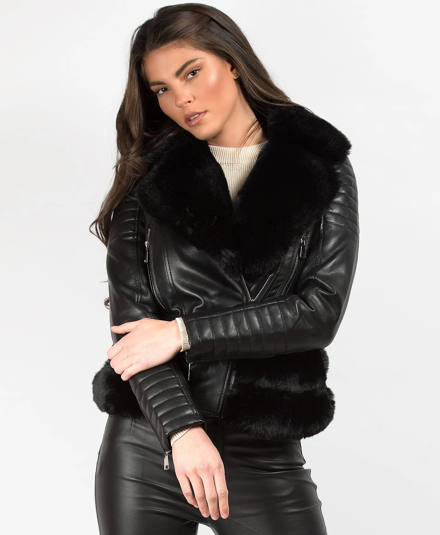 Black Faux Fur Trim PU PVC Belted Biker Jacket