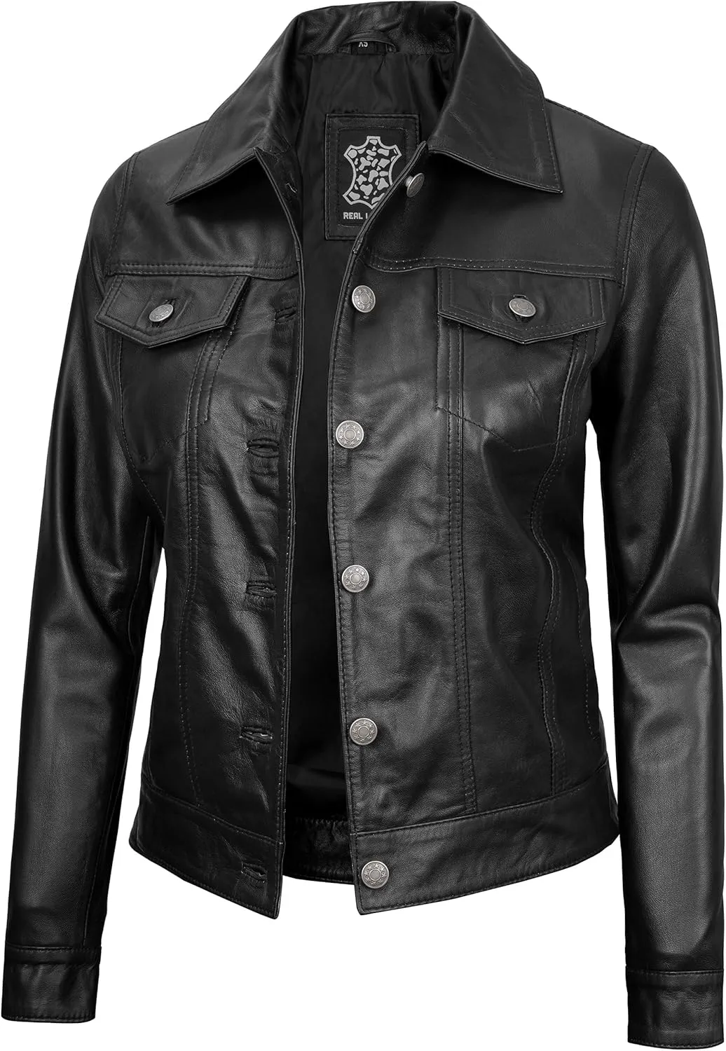 Blingsoul Shirt Collar Leather Jacket Womens, Real Lambskin Leather Jacket for Women