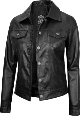 Blingsoul Shirt Collar Leather Jacket Womens, Real Lambskin Leather Jacket for Women