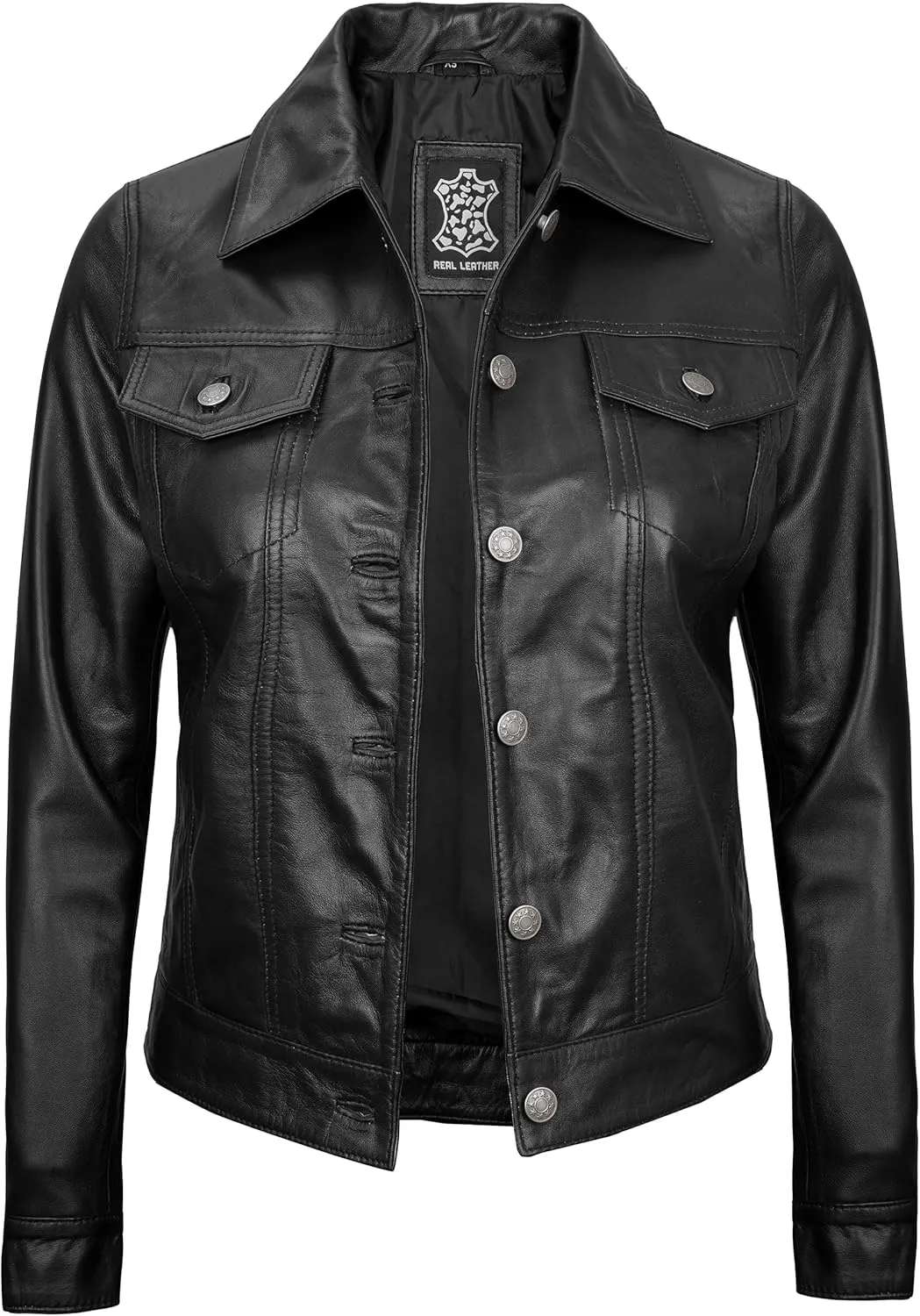 Blingsoul Shirt Collar Leather Jacket Womens, Real Lambskin Leather Jacket for Women