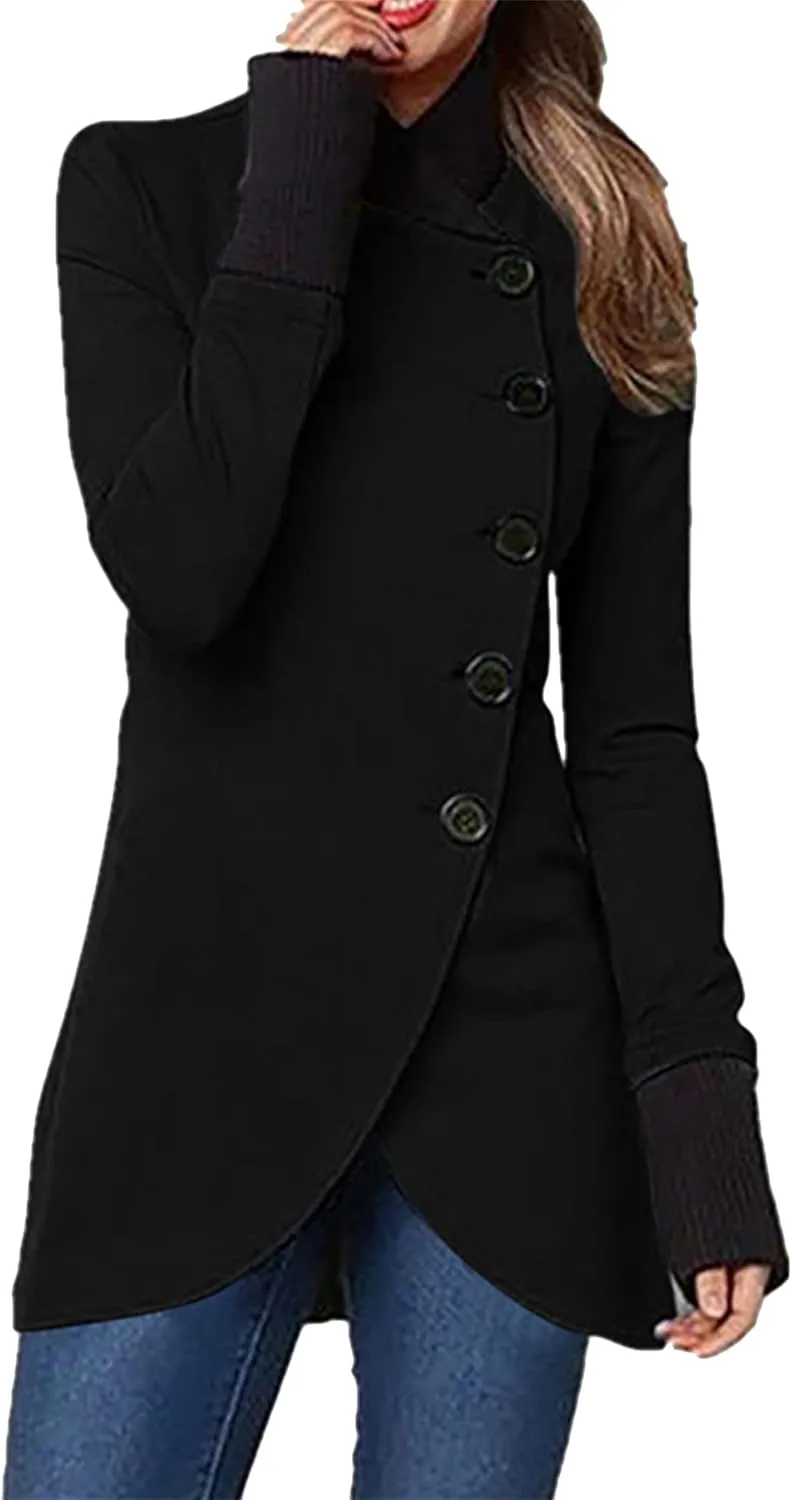 BOFETA Women's Winter Solid Color Long Sleeve Pea Coats Single Breasted Casual Irregular Hem Slim Trench Coats