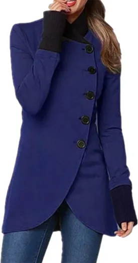 BOFETA Women's Winter Solid Color Long Sleeve Pea Coats Single Breasted Casual Irregular Hem Slim Trench Coats