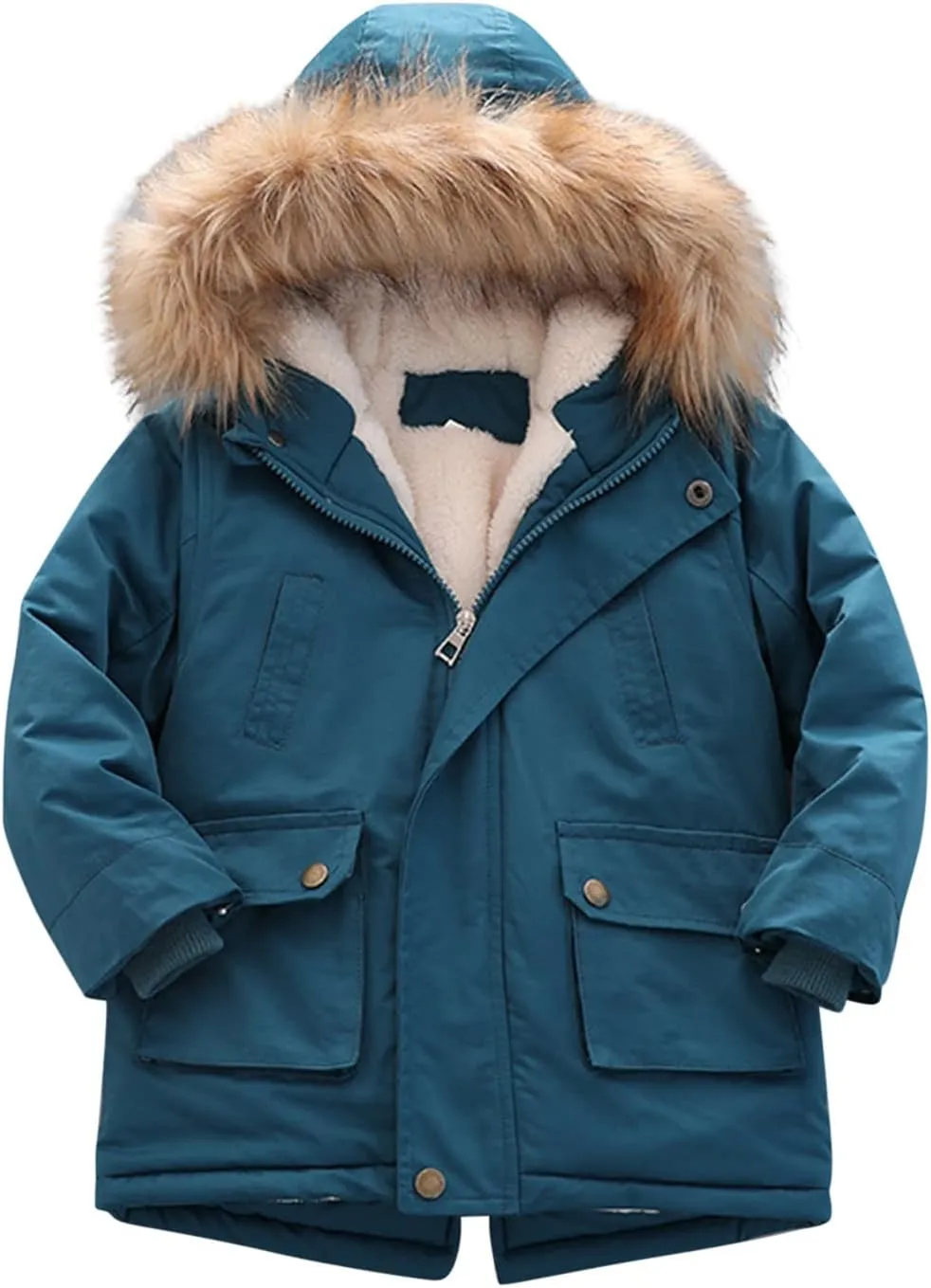 Boys and Toddler's Long Winter Coat Fleece Lined Hooded Puffer Jacket Insulated Parka with Faux Fur Collar Down Coat