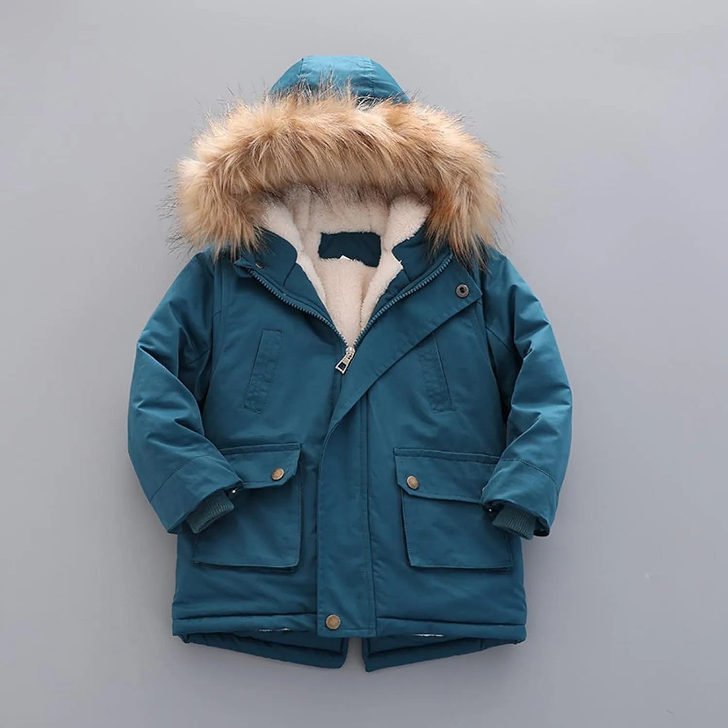 Boys and Toddler's Long Winter Coat Fleece Lined Hooded Puffer Jacket Insulated Parka with Faux Fur Collar Down Coat