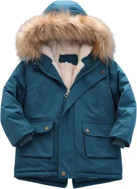 Boys and Toddler's Long Winter Coat Fleece Lined Hooded Puffer Jacket Insulated Parka with Faux Fur Collar Down Coat