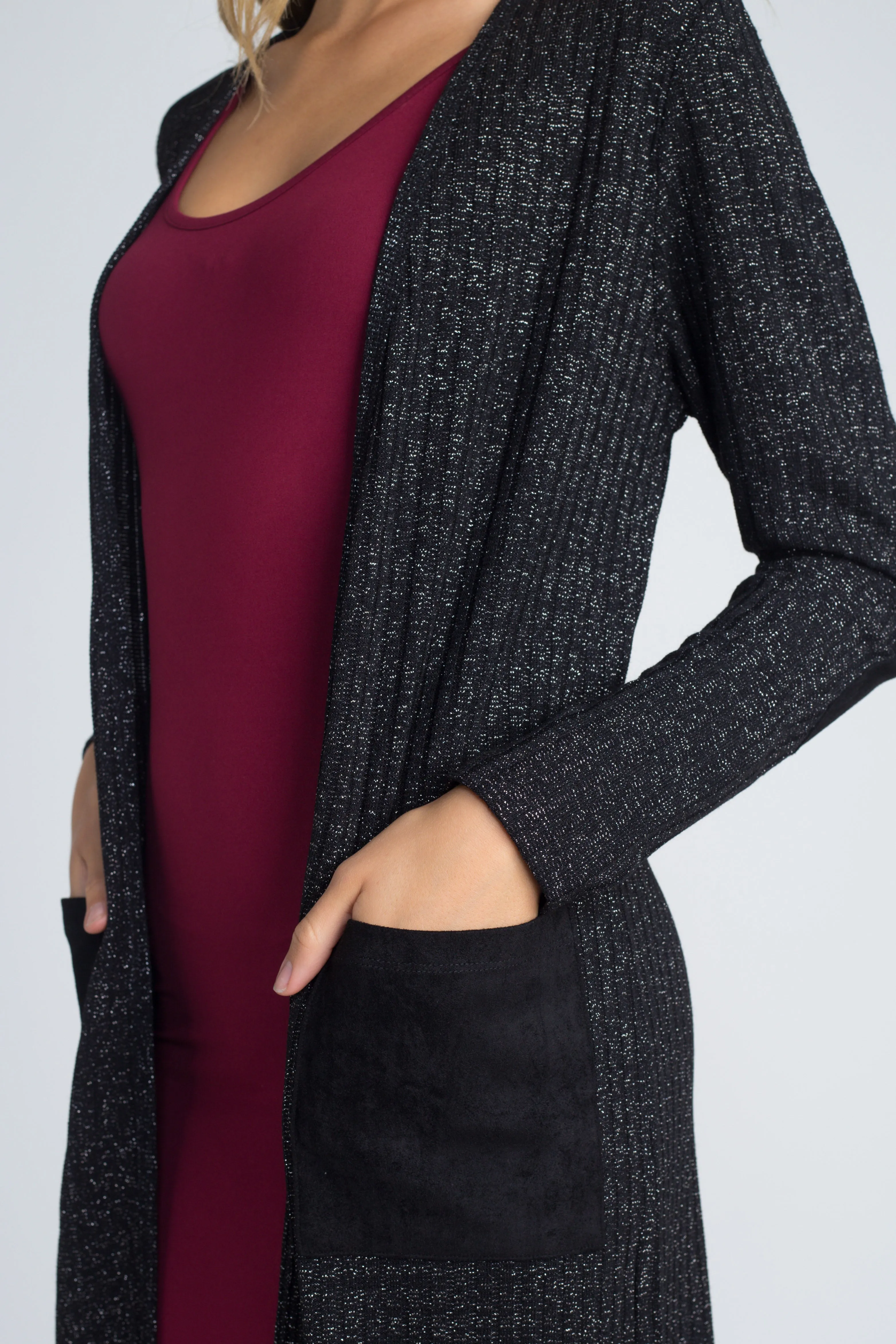 City Girl Faux Suede Patch Lurex Knit Duster Cardigan
