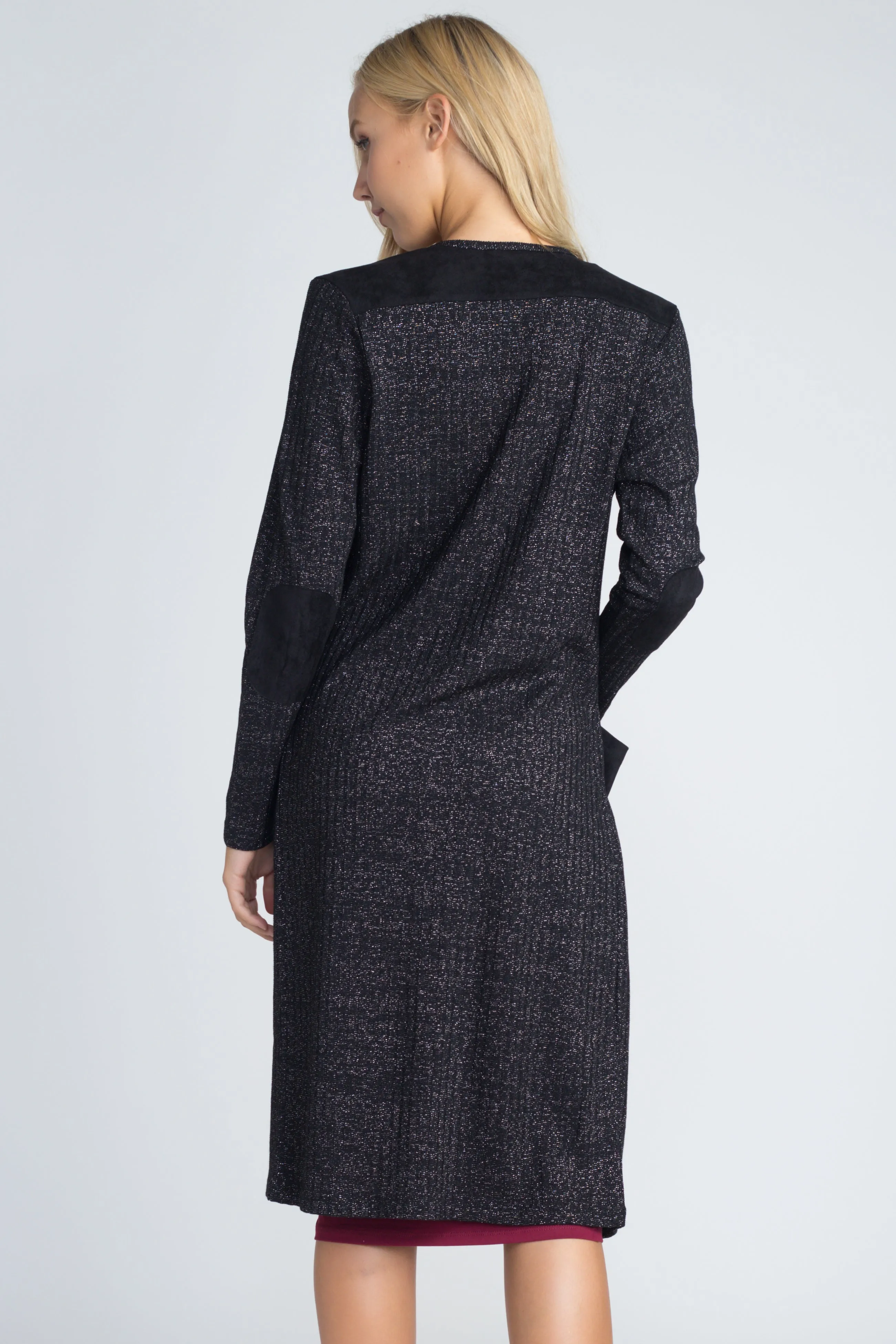 City Girl Faux Suede Patch Lurex Knit Duster Cardigan