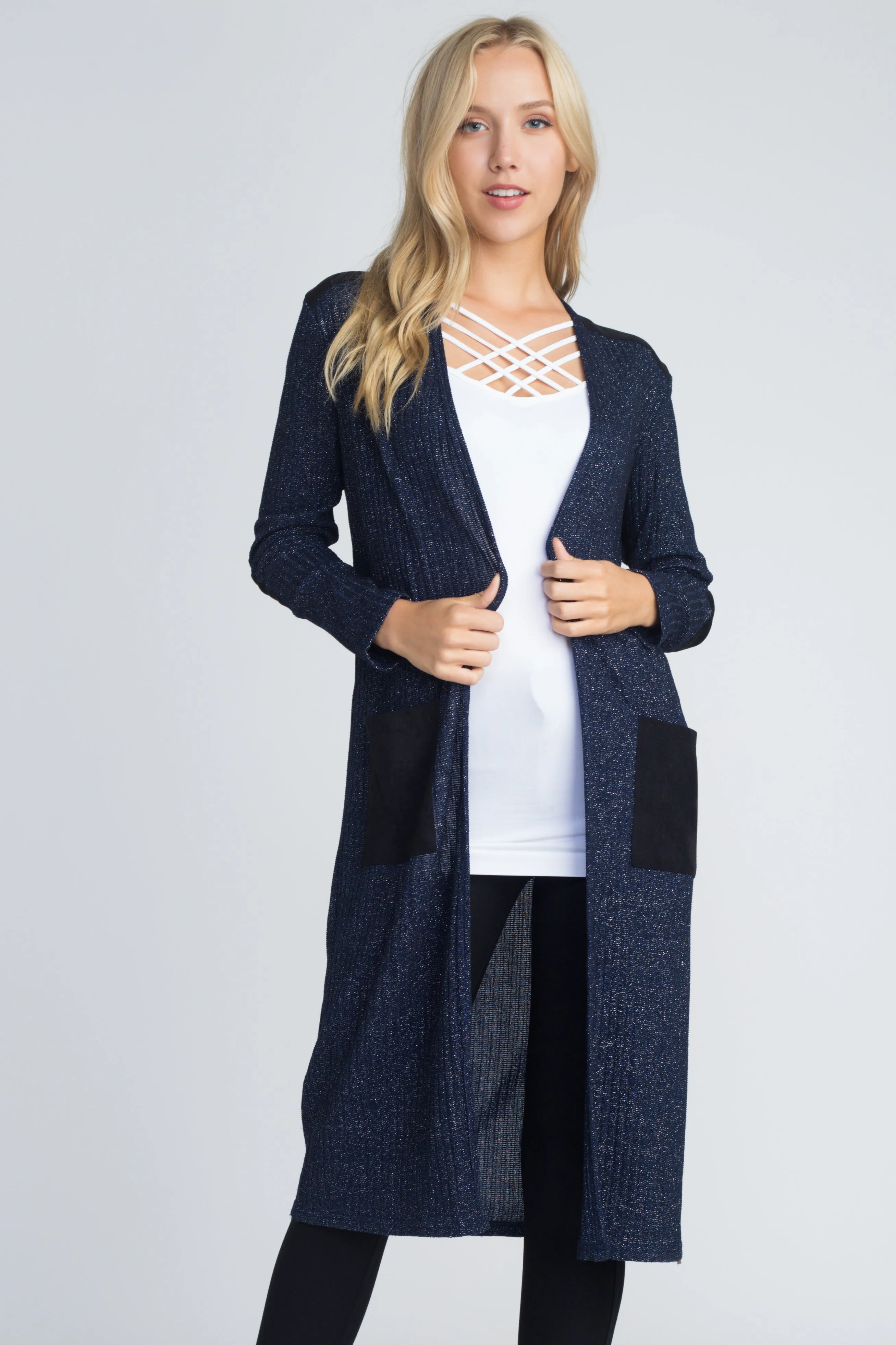 City Girl Faux Suede Patch Lurex Knit Duster Cardigan