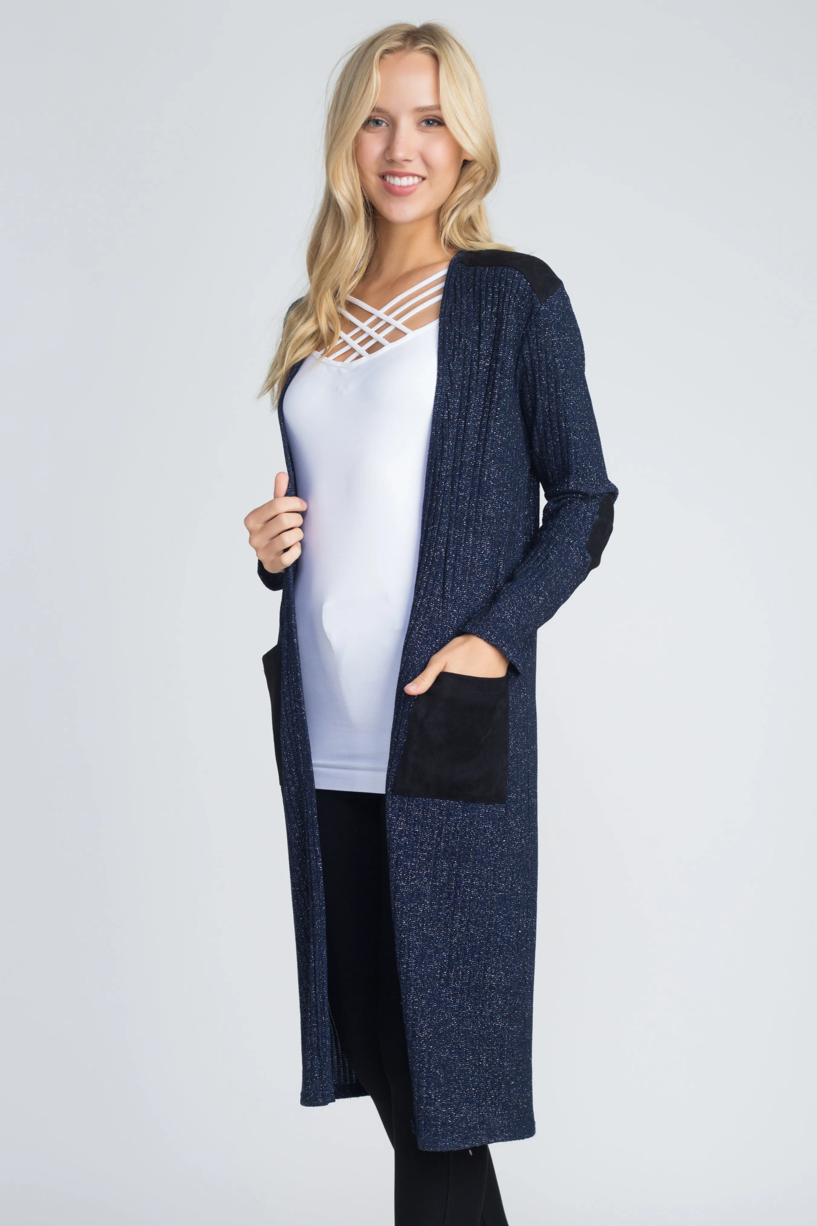 City Girl Faux Suede Patch Lurex Knit Duster Cardigan