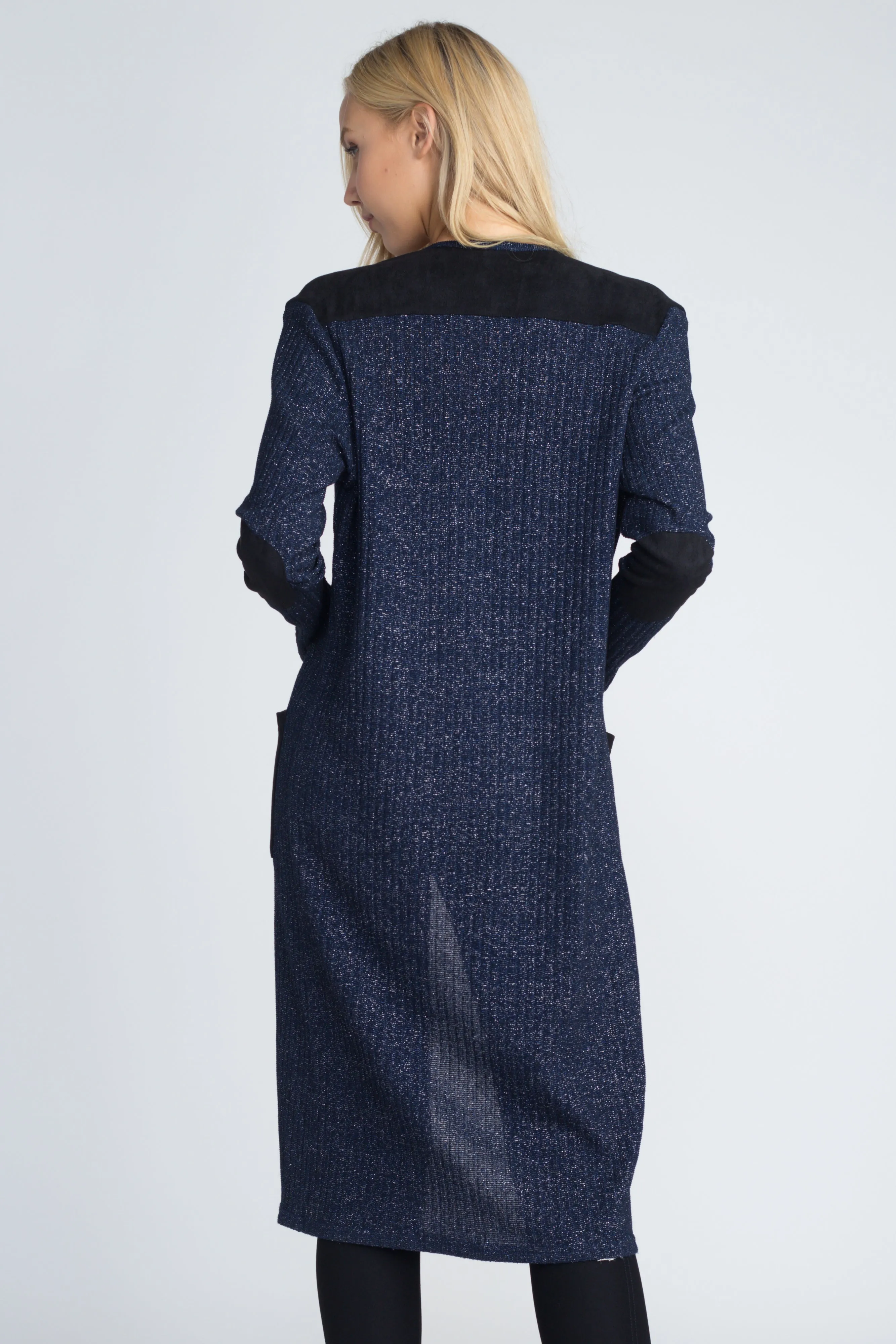 City Girl Faux Suede Patch Lurex Knit Duster Cardigan