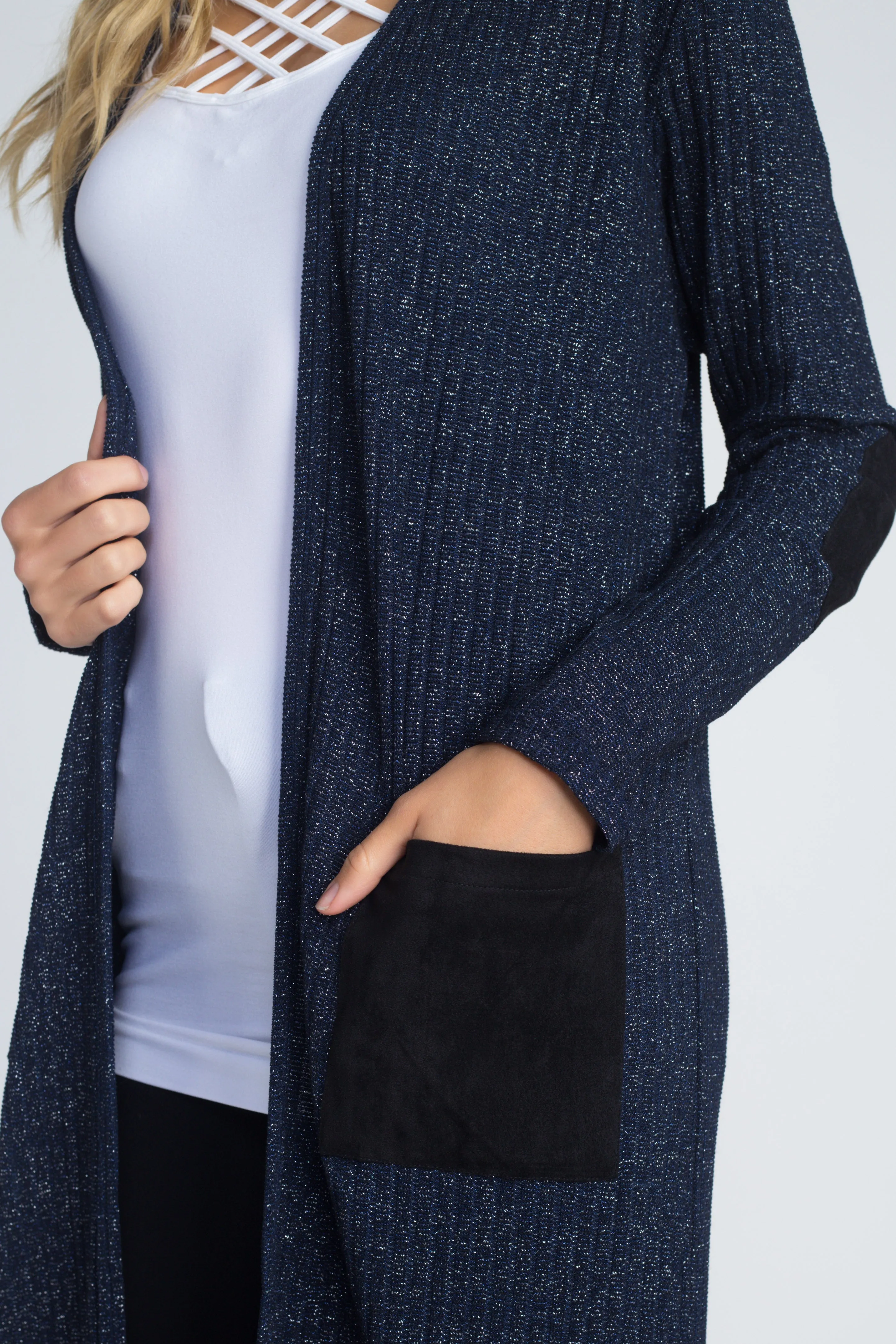 City Girl Faux Suede Patch Lurex Knit Duster Cardigan