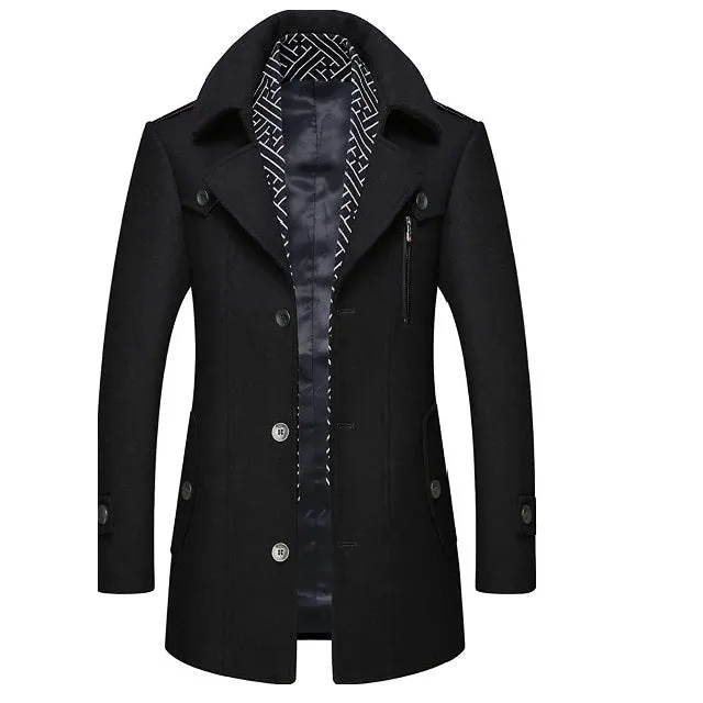 Classic Men's Wool Button Windproof Pea Coat