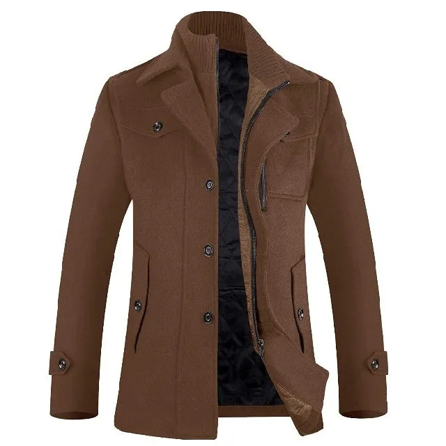 Classic Men's Wool Button Windproof Pea Coat