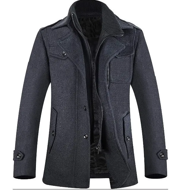 Classic Men's Wool Button Windproof Pea Coat
