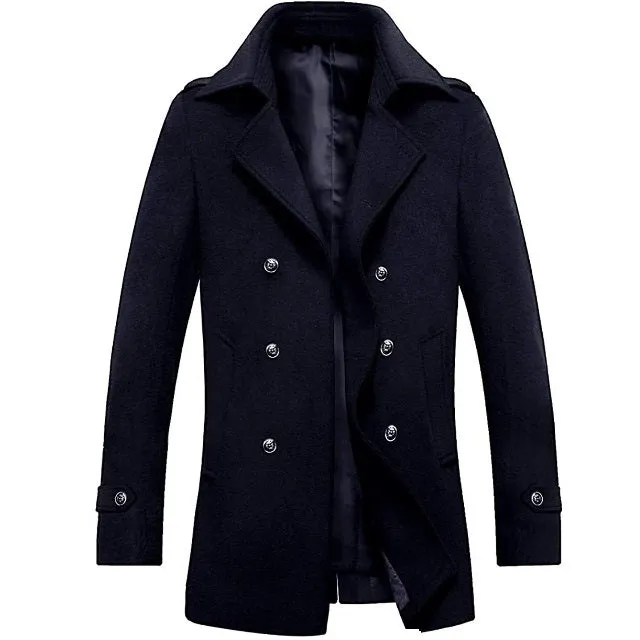 Classic Men's Wool Button Windproof Pea Coat