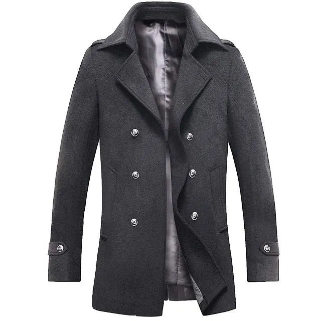 Classic Men's Wool Button Windproof Pea Coat