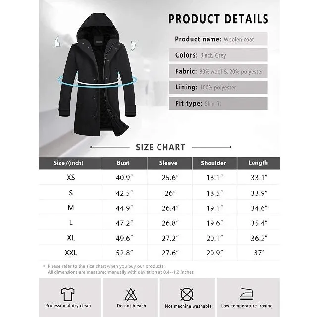 Classic Men's Wool Button Windproof Pea Coat