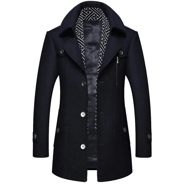 Classic Men's Wool Button Windproof Pea Coat