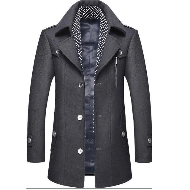 Classic Men's Wool Button Windproof Pea Coat
