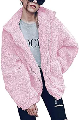 Comeon Women's Coat Casual Lapel Fleece Fuzzy Faux Shearling Zipper Coats Warm Winter Oversized Outwear Jackets