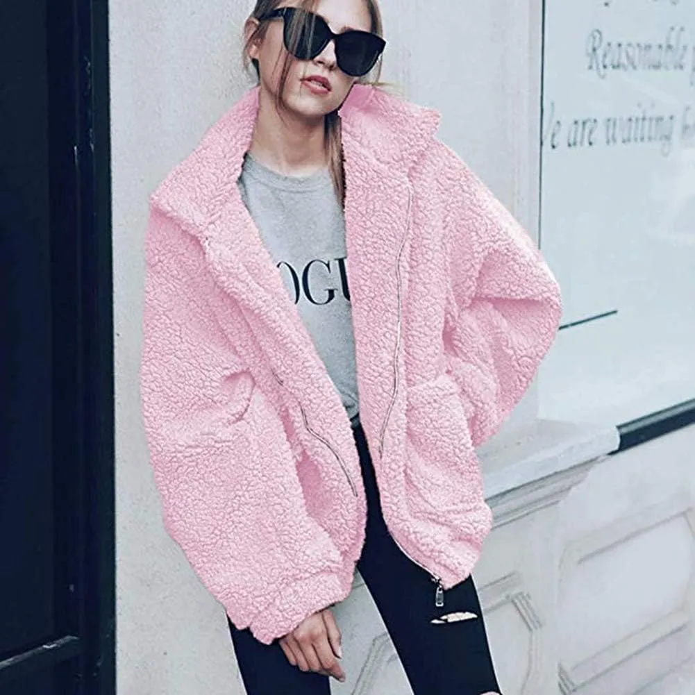 Comeon Women's Coat Casual Lapel Fleece Fuzzy Faux Shearling Zipper Coats Warm Winter Oversized Outwear Jackets