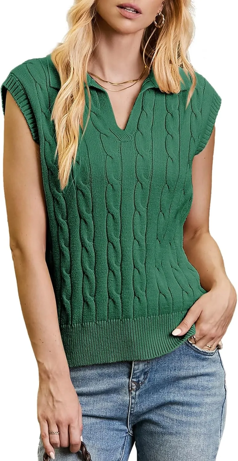 Dokotoo V-Neck Lapel Collar Cable Knit Vest Top for Women - Spring Outfits 2025