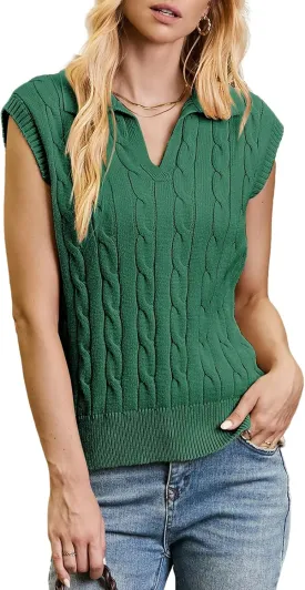 Dokotoo V-Neck Lapel Collar Cable Knit Vest Top for Women - Spring Outfits 2025