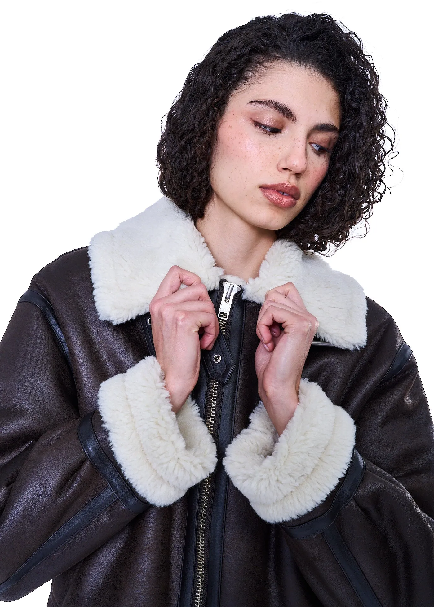 Dunst Unisex Loose Fit Line Shearling Jacket in Brown
