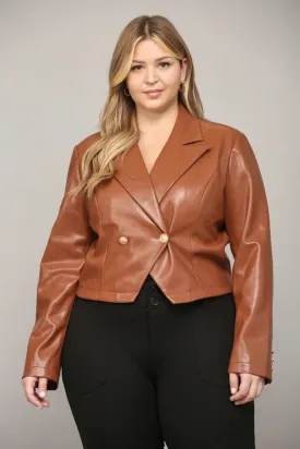 Faux Leather Double-Breasted Crop Jacket