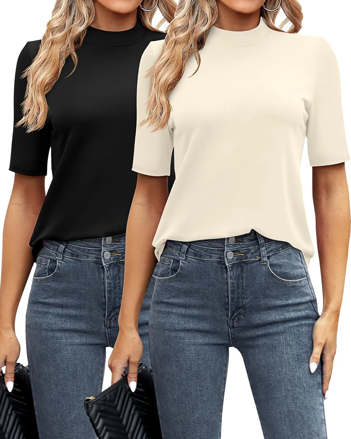 Ficerd 2 Pack Women's Mock Turtleneck T Shirts, Half Sleeve Business Casual Tunic Tops Slim Fit Summer Basic Dressy Tee Shirt