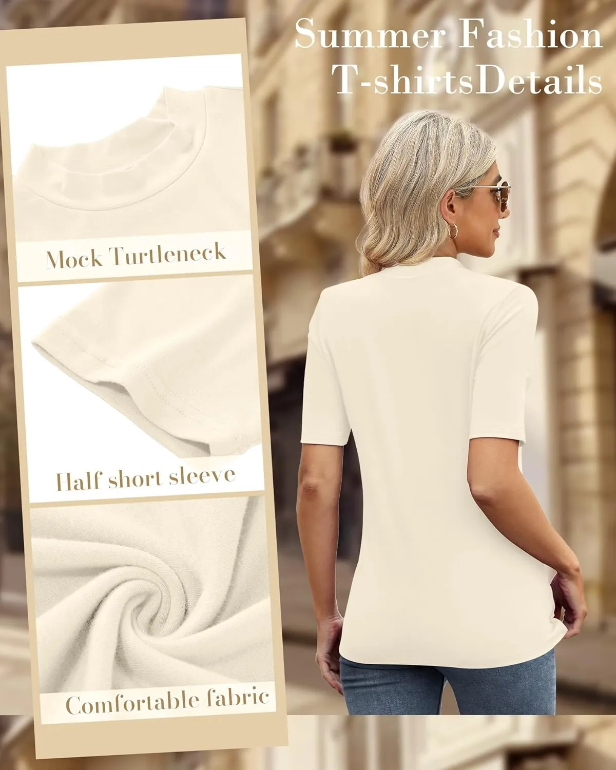 Ficerd 2 Pack Women's Mock Turtleneck T Shirts, Half Sleeve Business Casual Tunic Tops Slim Fit Summer Basic Dressy Tee Shirt