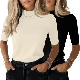 Ficerd 2 Pack Women's Mock Turtleneck T Shirts, Half Sleeve Business Casual Tunic Tops Slim Fit Summer Basic Dressy Tee Shirt