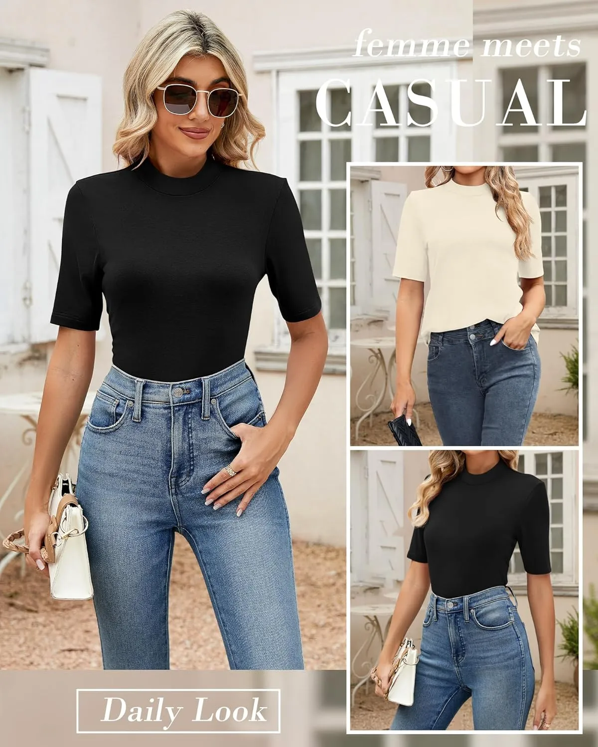 Ficerd 2 Pack Women's Mock Turtleneck T Shirts, Half Sleeve Business Casual Tunic Tops Slim Fit Summer Basic Dressy Tee Shirt