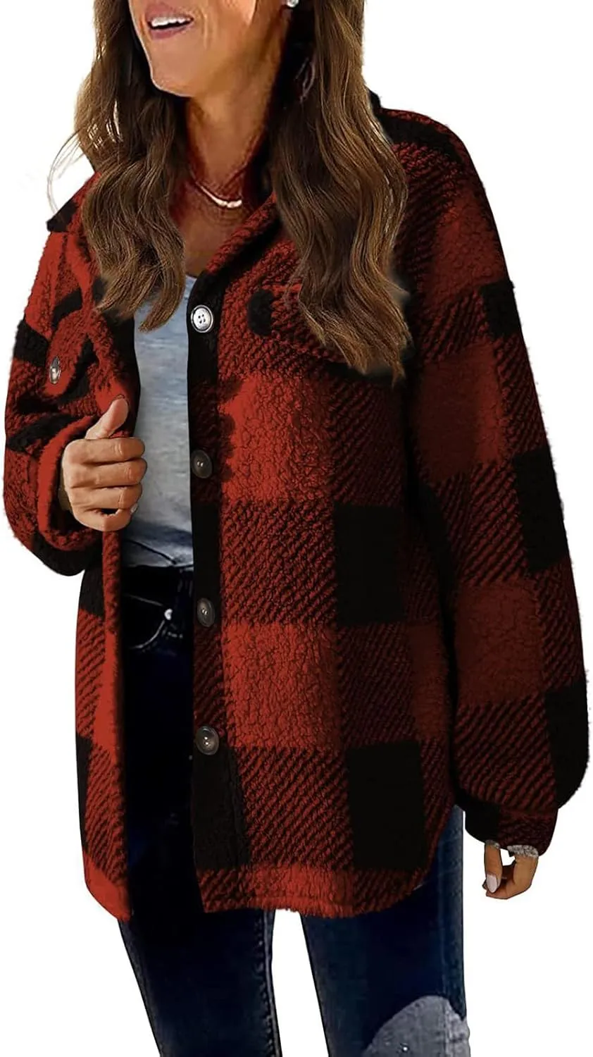 Flannel Jacket Women Button Down Sherpa Fleece Jacket Plus Size Plaid Shacket Soft Fluffy Fuzzy Sweater Outerwear