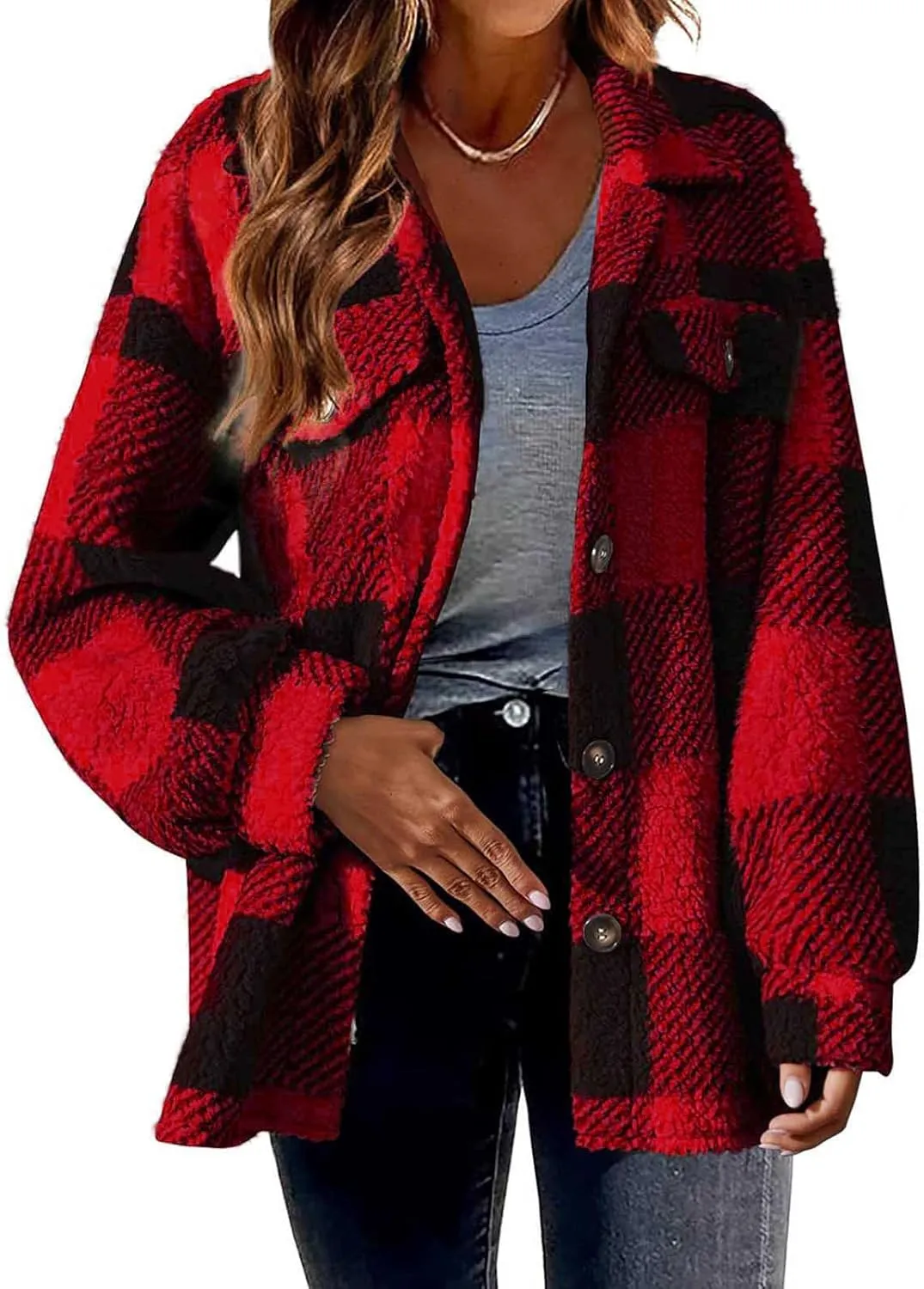 Flannel Jacket Women Button Down Sherpa Fleece Jacket Plus Size Plaid Shacket Soft Fluffy Fuzzy Sweater Outerwear