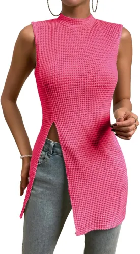 Floerns Women's Casual Sleeveless Mock Neck Split Hem Tank Top