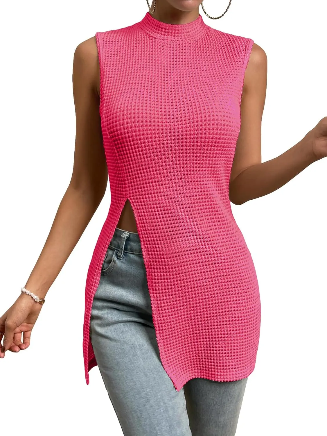 Floerns Women's Casual Sleeveless Mock Neck Split Hem Tank Top