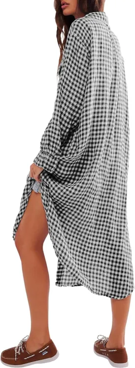 Gacaky Women's Lightweight Casual Loose Long Sleeve Button Down Striped Maxi Shirt Dress with Pockets